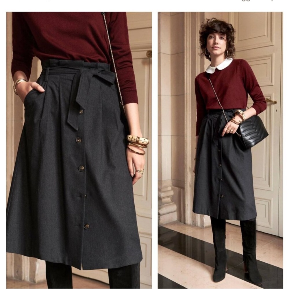 Sezane Zia Belted A-Line Midi Skirt Button Up Wool Dark Grey Women's 36 US 4